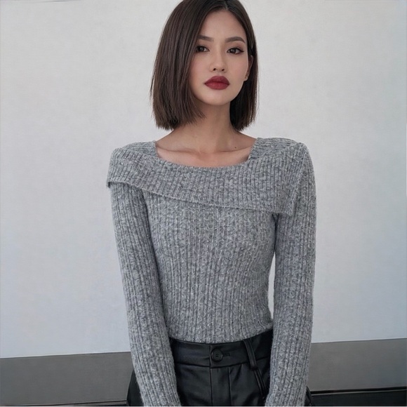 Dazy Sweaters - Dazy Ribbed Off Shoulder Knit Sweater Grey Fitted Minimalist Top Size S